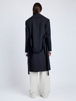Proenza Schouler Back full length image of model wearing Thea Coat in Wool Gabardine Suiting in BLACK