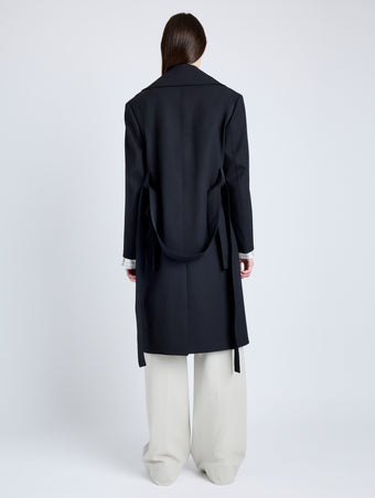 Proenza Schouler Back full length image of model wearing Thea Coat in Wool Gabardine Suiting in BLACK