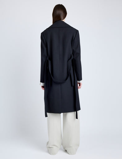 Proenza Schouler Back full length image of model wearing Thea Coat in Wool Gabardine Suiting in BLACK