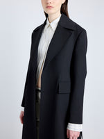 Proenza Schouler Detail image of model wearing Thea Coat in Wool Gabardine Suiting in BLACK