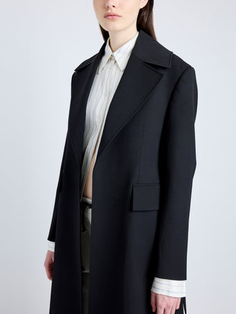 Proenza Schouler Detail image of model wearing Thea Coat in Wool Gabardine Suiting in BLACK