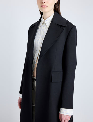 Proenza Schouler Detail image of model wearing Thea Coat in Wool Gabardine Suiting in BLACK