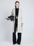 Proenza Schouler Front full length image of model wearing Thea Coat in Wool Gabardine Suiting in TAUPE