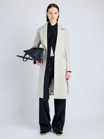 Proenza Schouler Front full length image of model wearing Thea Coat in Wool Gabardine Suiting in TAUPE