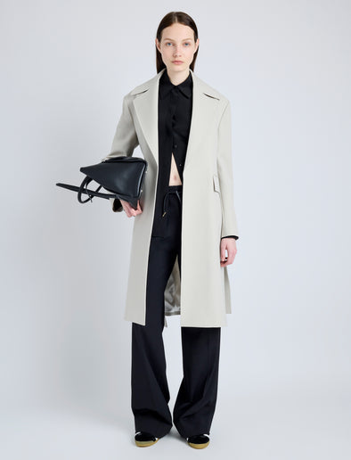 Proenza Schouler Front full length image of model wearing Thea Coat in Wool Gabardine Suiting in TAUPE