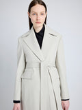 Proenza Schouler Detail image of model wearing Thea Coat in Wool Gabardine Suiting in TAUPE