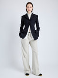 Proenza Schouler Front full length image of model wearing Lark Blazer in Wool Gabardine Suiting in BLACK