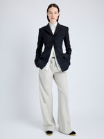 Proenza Schouler Front full length image of model wearing Lark Blazer in Wool Gabardine Suiting in BLACK