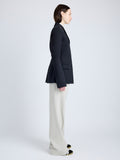 Proenza Schouler Side full length image of model wearing Lark Blazer in Wool Gabardine Suiting in BLACK