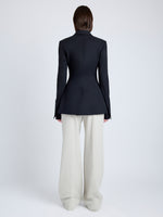 Proenza Schouler Back full length image of model wearing Lark Blazer in Wool Gabardine Suiting in BLACK