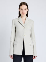 Proenza Schouler Front cropped image of model wearing Lark Blazer in Wool Gabardine Suiting in TAUPE