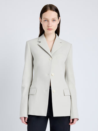 Proenza Schouler Front cropped image of model wearing Lark Blazer in Wool Gabardine Suiting in TAUPE