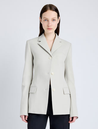 Proenza Schouler Front cropped image of model wearing Lark Blazer in Wool Gabardine Suiting in TAUPE