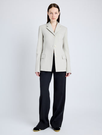 Proenza Schouler Front full length image of model wearing Lark Blazer in Wool Gabardine Suiting in TAUPE
