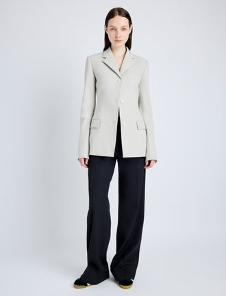 Proenza Schouler Front full length image of model wearing Lark Blazer in Wool Gabardine Suiting in TAUPE