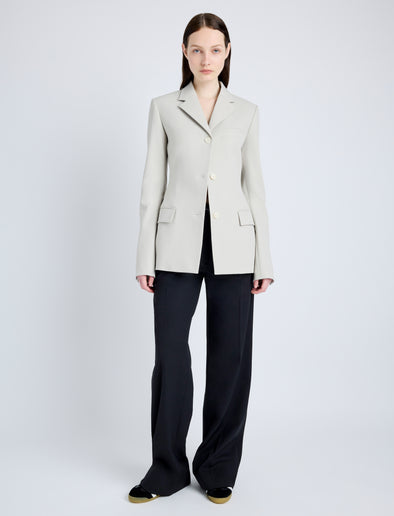 Proenza Schouler Front full length image of model wearing Lark Blazer in Wool Gabardine Suiting in TAUPE