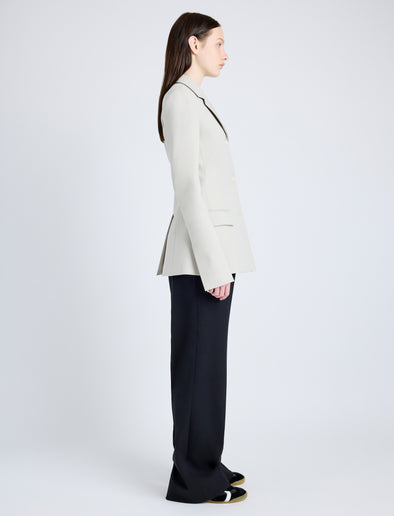 Proenza Schouler Side full length image of model wearing Lark Blazer in Wool Gabardine Suiting in TAUPE