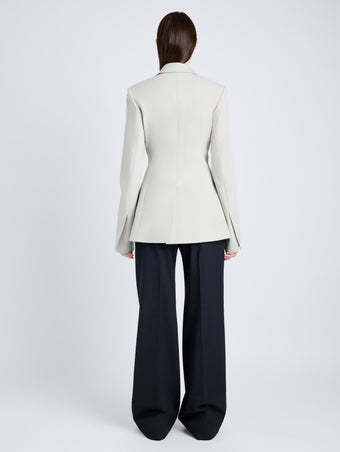 Proenza Schouler Back full length image of model wearing Lark Blazer in Wool Gabardine Suiting in TAUPE