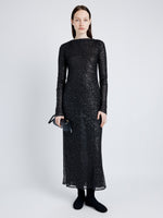 Proenza Schouler Front full length image of model wearing Marlowe Dress in Sequin in BLACK