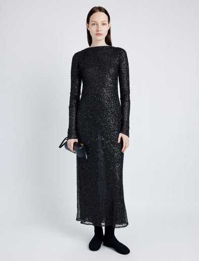 Proenza Schouler Front full length image of model wearing Marlowe Dress in Sequin in BLACK