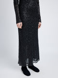 Proenza Schouler Detail image of model wearing Marlowe Dress in Sequin in BLACK