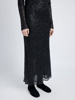 Proenza Schouler Detail image of model wearing Marlowe Dress in Sequin in BLACK