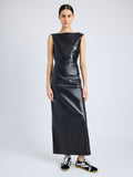 Proenza Schouler Front full length image of model wearing Backless Leather Dress in black