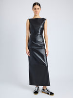 Proenza Schouler Front full length image of model wearing Backless Leather Dress in black