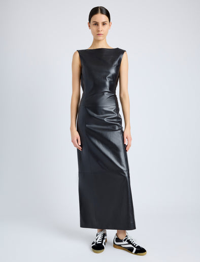 Proenza Schouler Front full length image of model wearing Backless Leather Dress in black