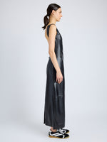 Proenza Schouler Side full length image of model wearing Backless Leather Dress in black