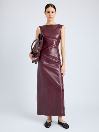 Proenza Schouler Front full length image of model wearing Backless Leather Dress in Ox Blood