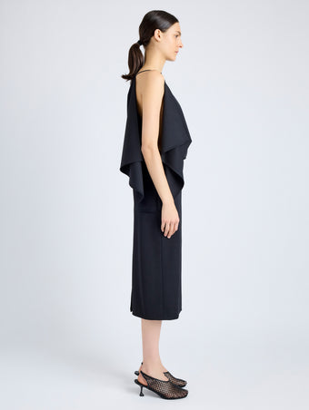 Proenza Schouler Side full length image of model wearing Elena Dress in Wool Gabardine Suiting in BLACK