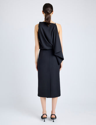 Proenza Schouler Back full length image of model wearing Elena Dress in Wool Gabardine Suiting in BLACK