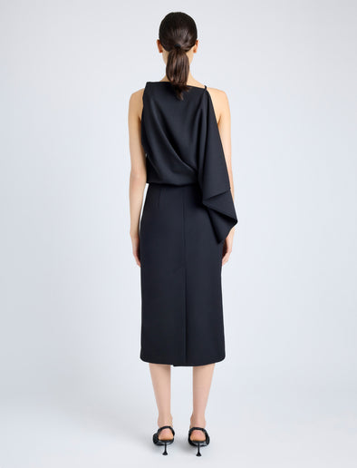 Proenza Schouler Back full length image of model wearing Elena Dress in Wool Gabardine Suiting in BLACK