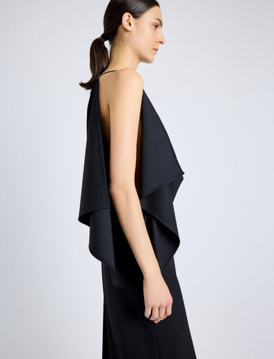 Proenza Schouler Detail image of model wearing Elena Dress in Wool Gabardine Suiting in BLACK