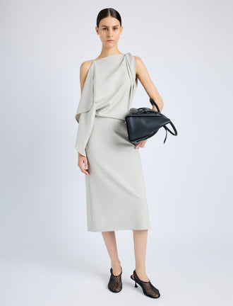 Proenza Schouler Front full length image of model wearing Elena Dress in Wool Gabardine Suiting in TAUPE