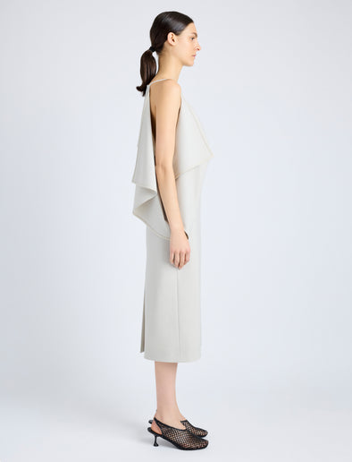 Proenza Schouler Side full length image of model wearing Elena Dress in Wool Gabardine Suiting in TAUPE