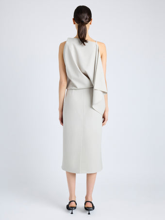 Proenza Schouler Back full length image of model wearing Elena Dress in Wool Gabardine Suiting in TAUPE