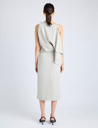 Proenza Schouler Back full length image of model wearing Elena Dress in Wool Gabardine Suiting in TAUPE