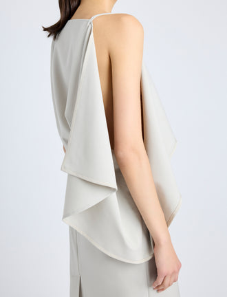 Proenza Schouler Detail image of model wearing Elena Dress in Wool Gabardine Suiting in TAUPE