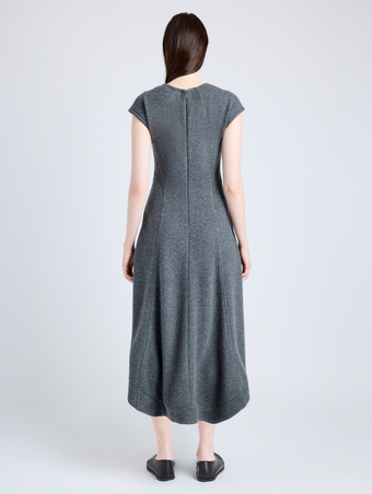 Proenza Schouler Back full length image of model wearing Delilah Dress in Wool Jersey in DARK GREY MELANGE