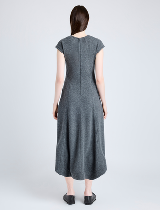 Proenza Schouler Back full length image of model wearing Delilah Dress in Wool Jersey in DARK GREY MELANGE