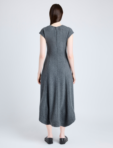Proenza Schouler Back full length image of model wearing Delilah Dress in Wool Jersey in DARK GREY MELANGE