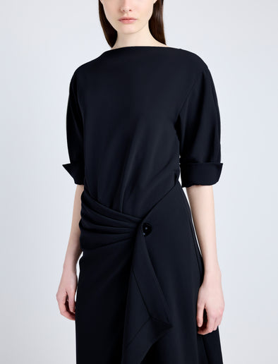 Proenza Schouler Detail image of model wearing Maisie Dress in Matte Viscose Crepe in BLACK