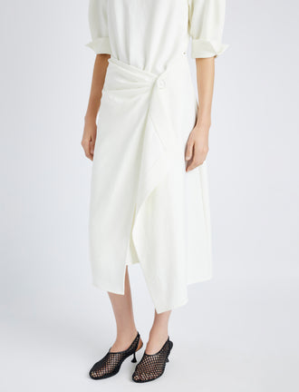 Proenza Schouler Detail image of model wearing Maisie Dress in Matte Viscose Crepe in IVORY