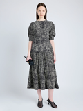Proenza Schouler Front full length image of model wearing Harlow Dress in Printed Viscose Crepe in BLACK MULTI