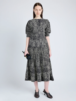 Proenza Schouler Front full length image of model wearing Harlow Dress in Printed Viscose Crepe in BLACK MULTI
