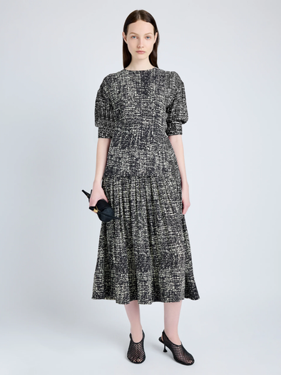 Proenza Schouler Front full length image of model wearing Harlow Dress in Printed Viscose Crepe in BLACK MULTI