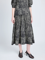 Proenza Schouler Detail image of model wearing Harlow Dress in Printed Viscose Crepe in BLACK MULTI