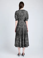 Proenza Schouler Back full length image of model wearing Harlow Dress in Printed Viscose Crepe in BLACK MULTI
